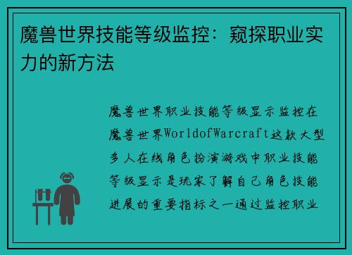 魔兽世界技能等级监控：窥探职业实力的新方法